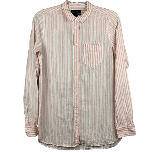 J. Crew Womens Boy Fit Washed Cotton Linen Shirt Pink White Stripe Button Up 4T - Picture 2 of 12
